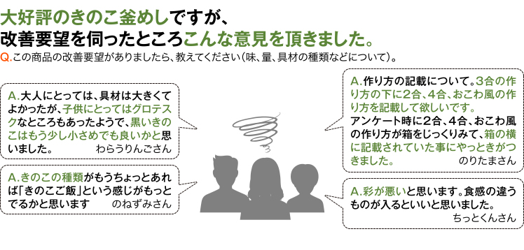 大好評のきのこ釜めしですが、改善要望を伺ったところこんな意見を頂きました。
