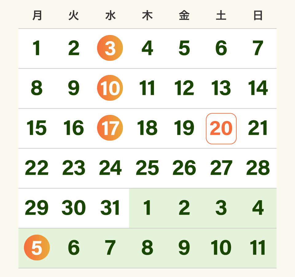 注文・配達スケジュール例
          ※年末年始は変則曜日配達になる場合がございます。