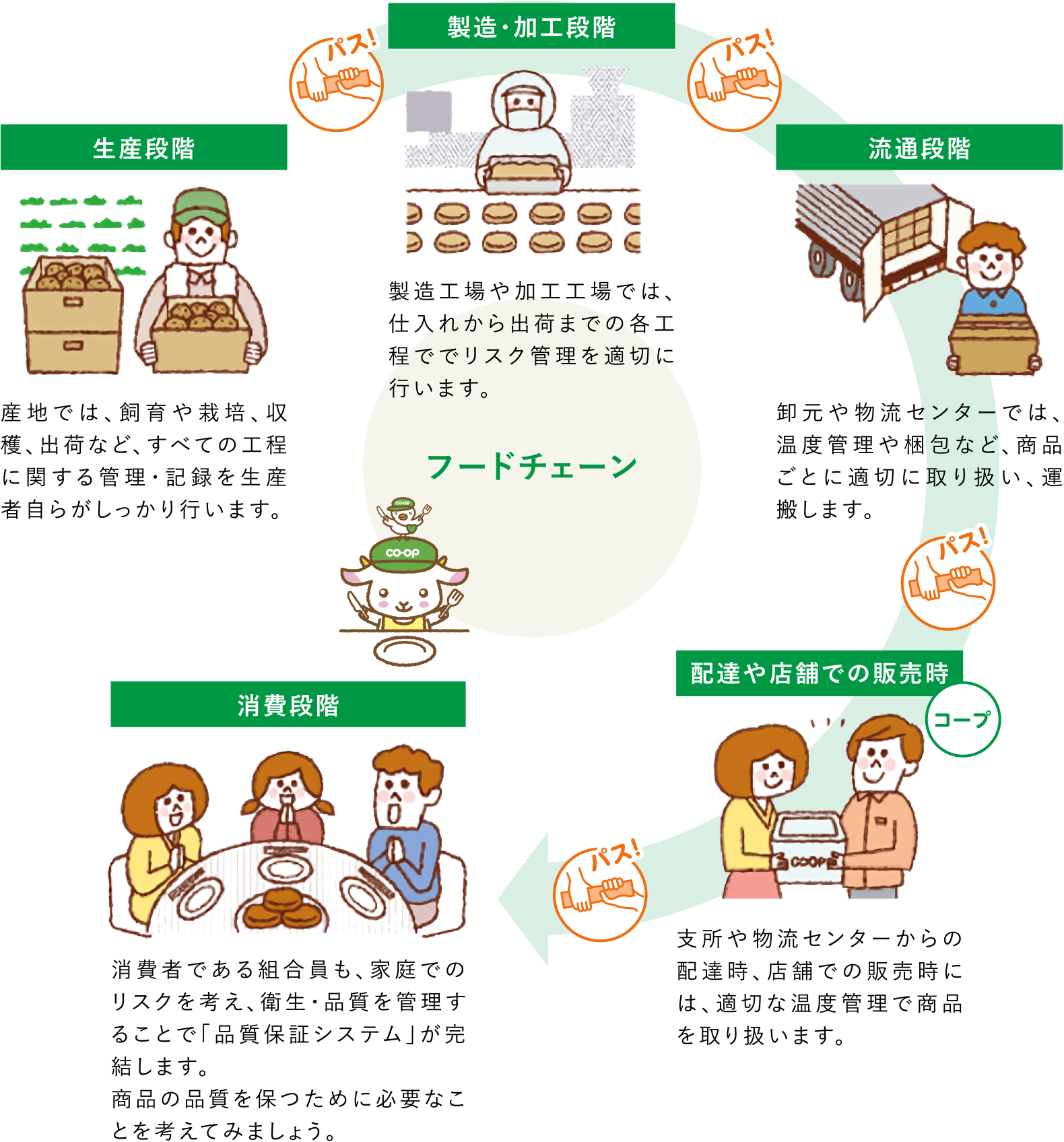 【生産段階】
産地では、飼育や栽培、収穫、出荷など、すべての工程に関する管理・記録を生産者自らがしっかり行います。
↓
【製造・加工段階】
製造工場や加工工場では、仕入れから出荷までの各工程ででリスク管理を適切に行います。
↓
【流通段階】
卸元や物流センターでは、温度管理や梱包など、商品ごとに適切に取り扱い、運搬します。
↓
【配達や店舗での販売時】
支所や物流センターからの配達時、店舗での販売時には、適切な温度管理で商品を取り扱います。
↓
【消費段階】
消費者である組合員も、家庭でのリスクを考え、衛生・品質を管理することで「品質保証システム」が完結します。商品の品質を保つために必要なことを考えてみましょう。